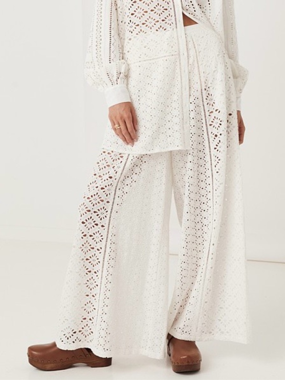 Spell Lottie Pants Sheer Eyelet Wide Leg 100% Organic Cotton Boho White Sz M
